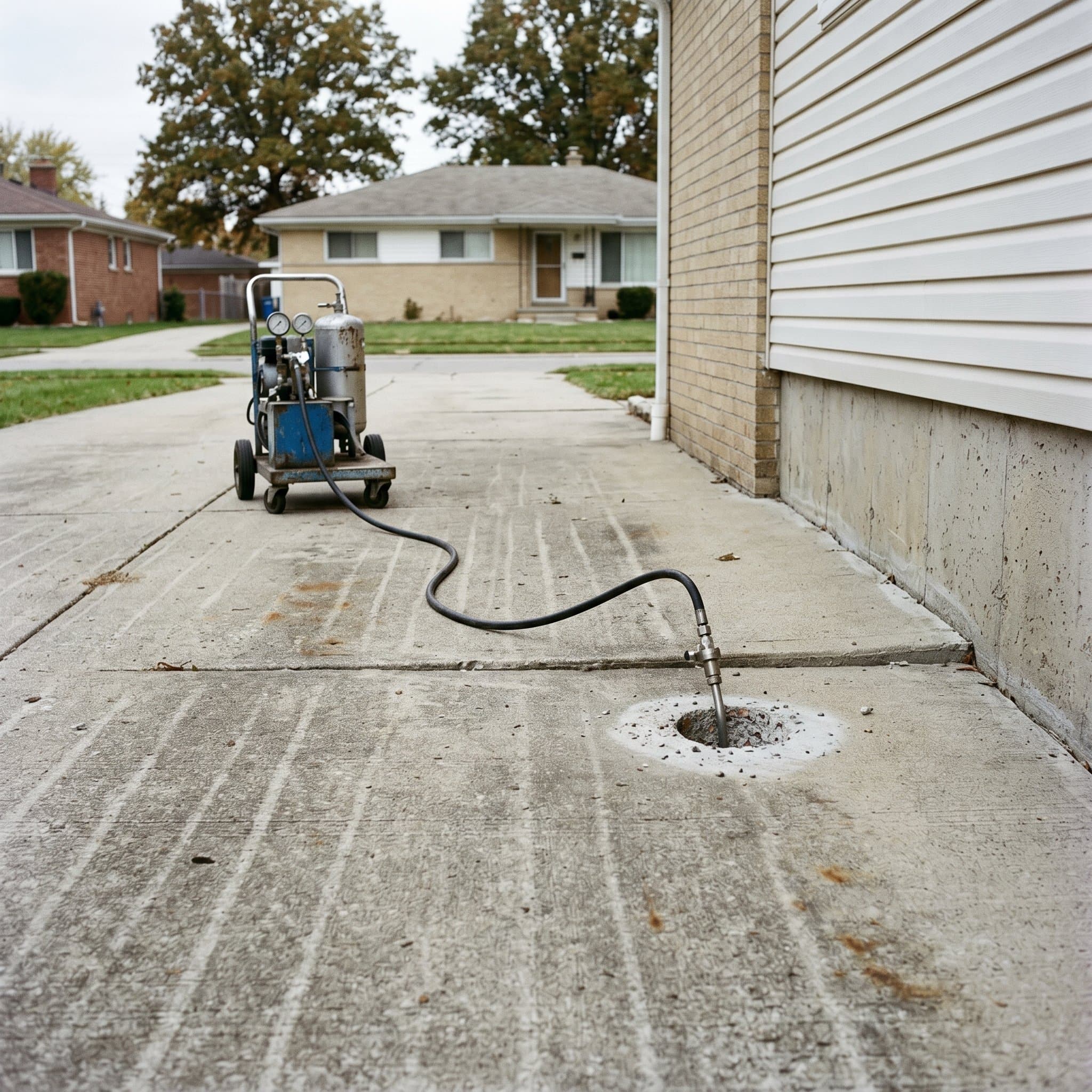 Polyurethane injection foam lifting a sunken slab back to grade.
