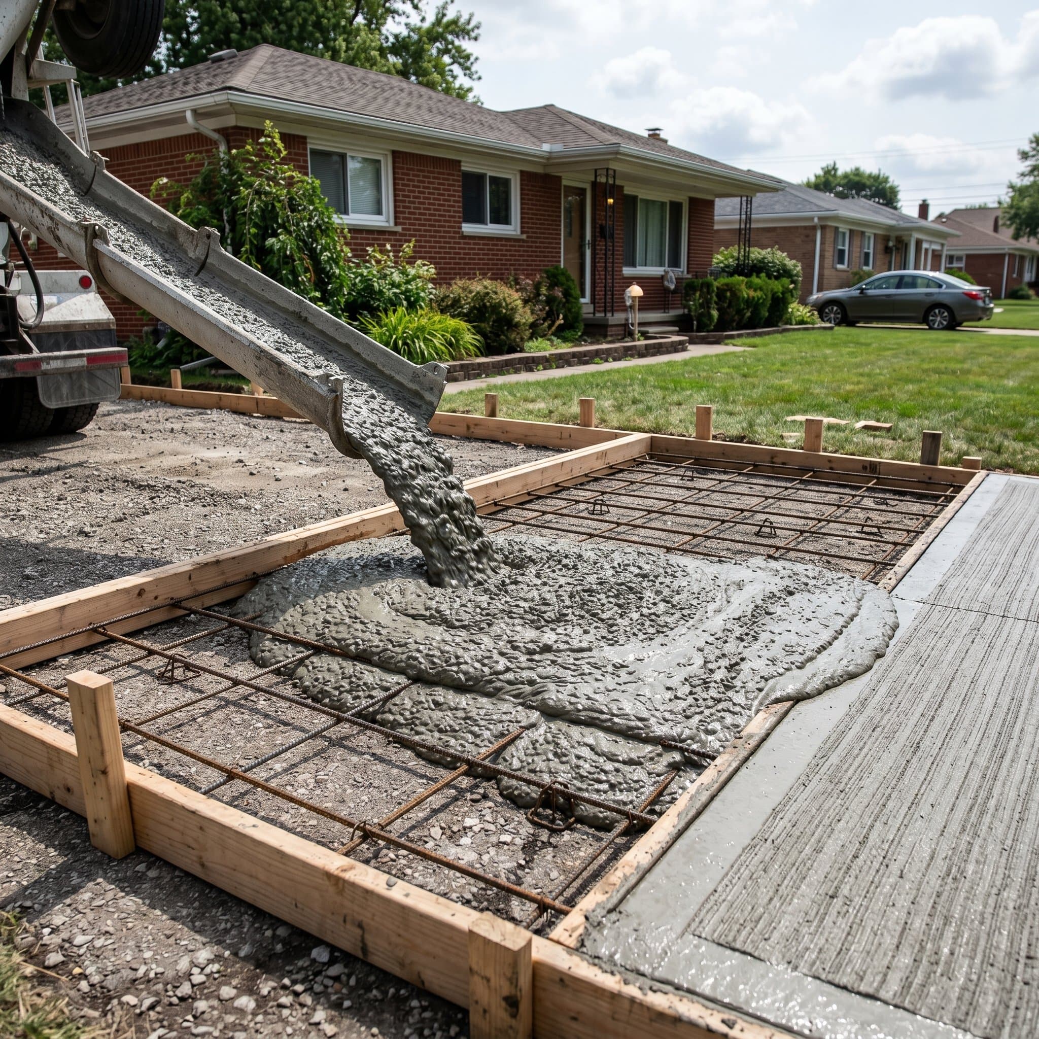 Freshly poured replacement slab during the screed pass.