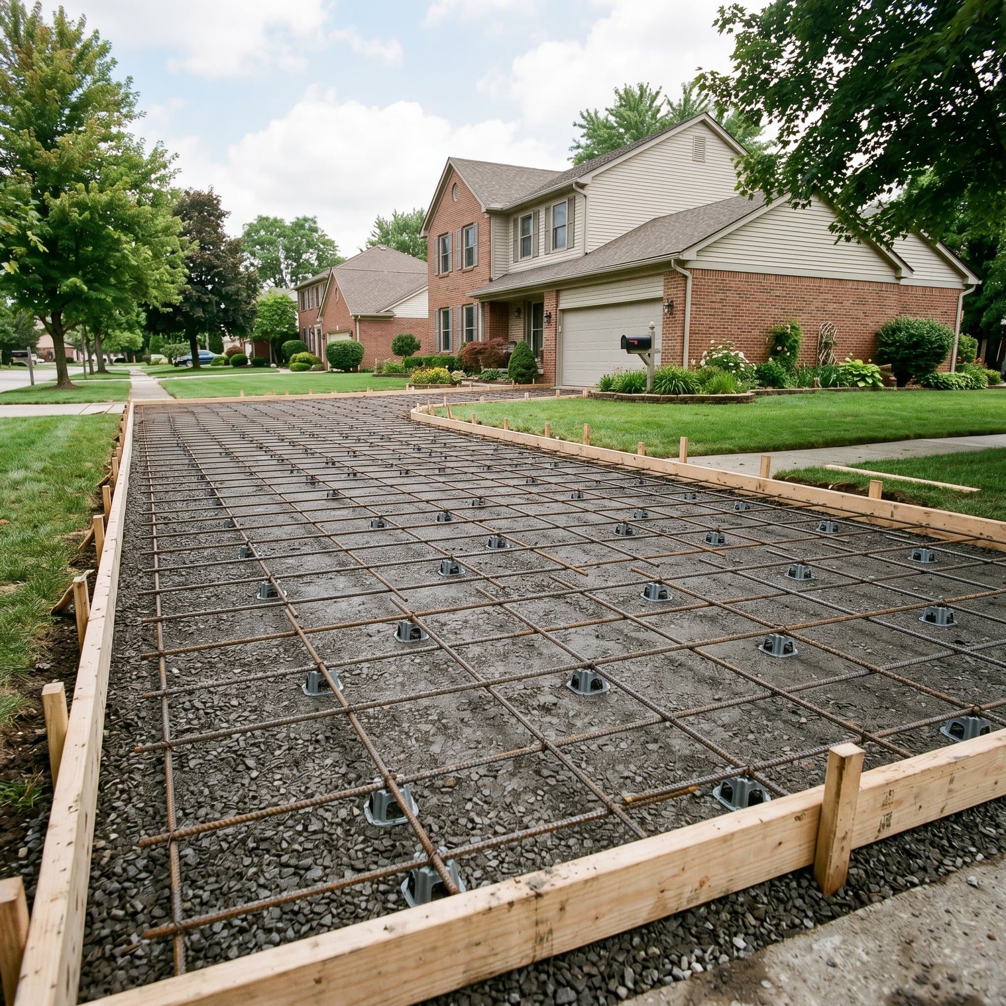 Fresh base with rebar grid before the replacement pour.