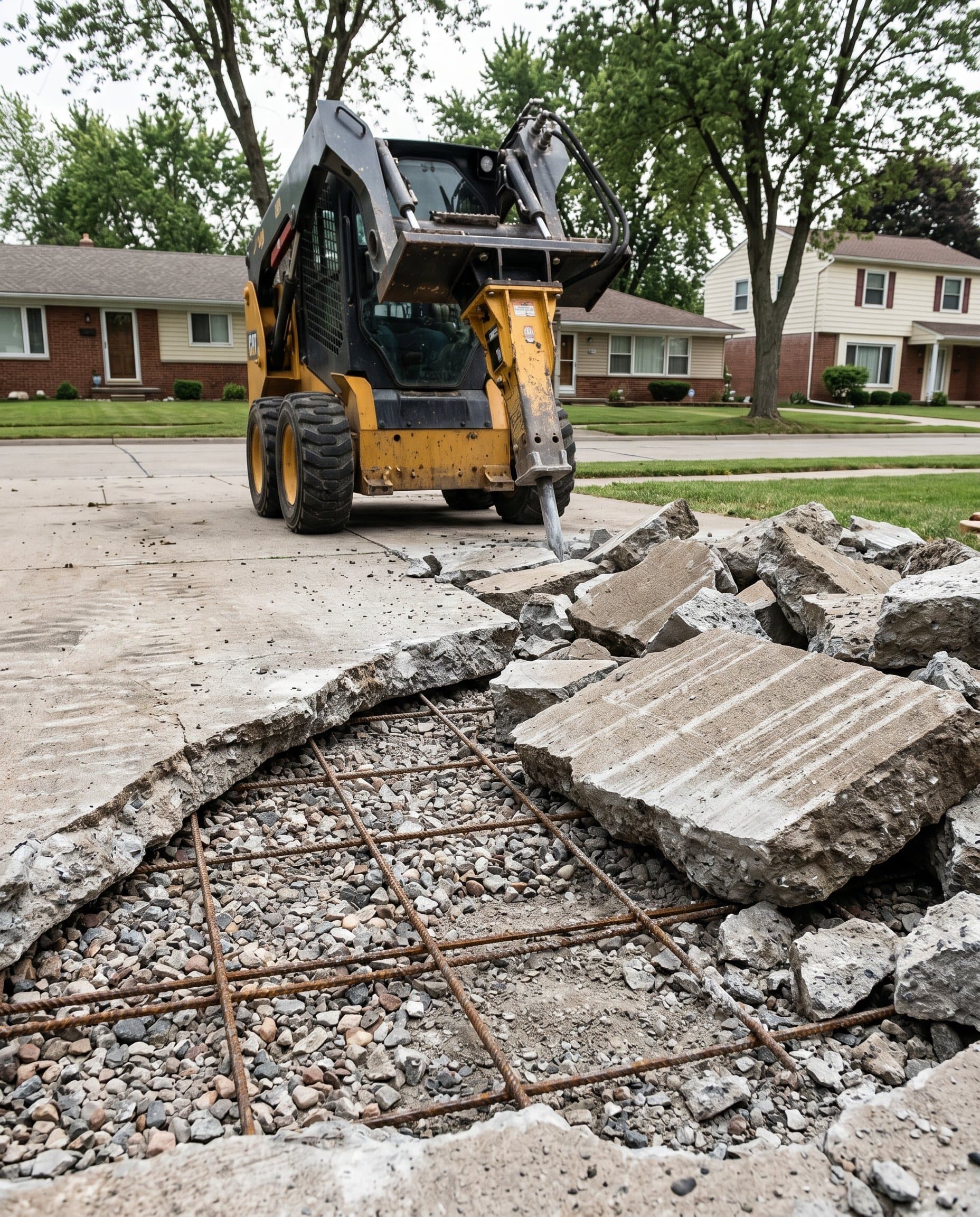 Skid steer with hydraulic breaker tearing out old concrete slab.