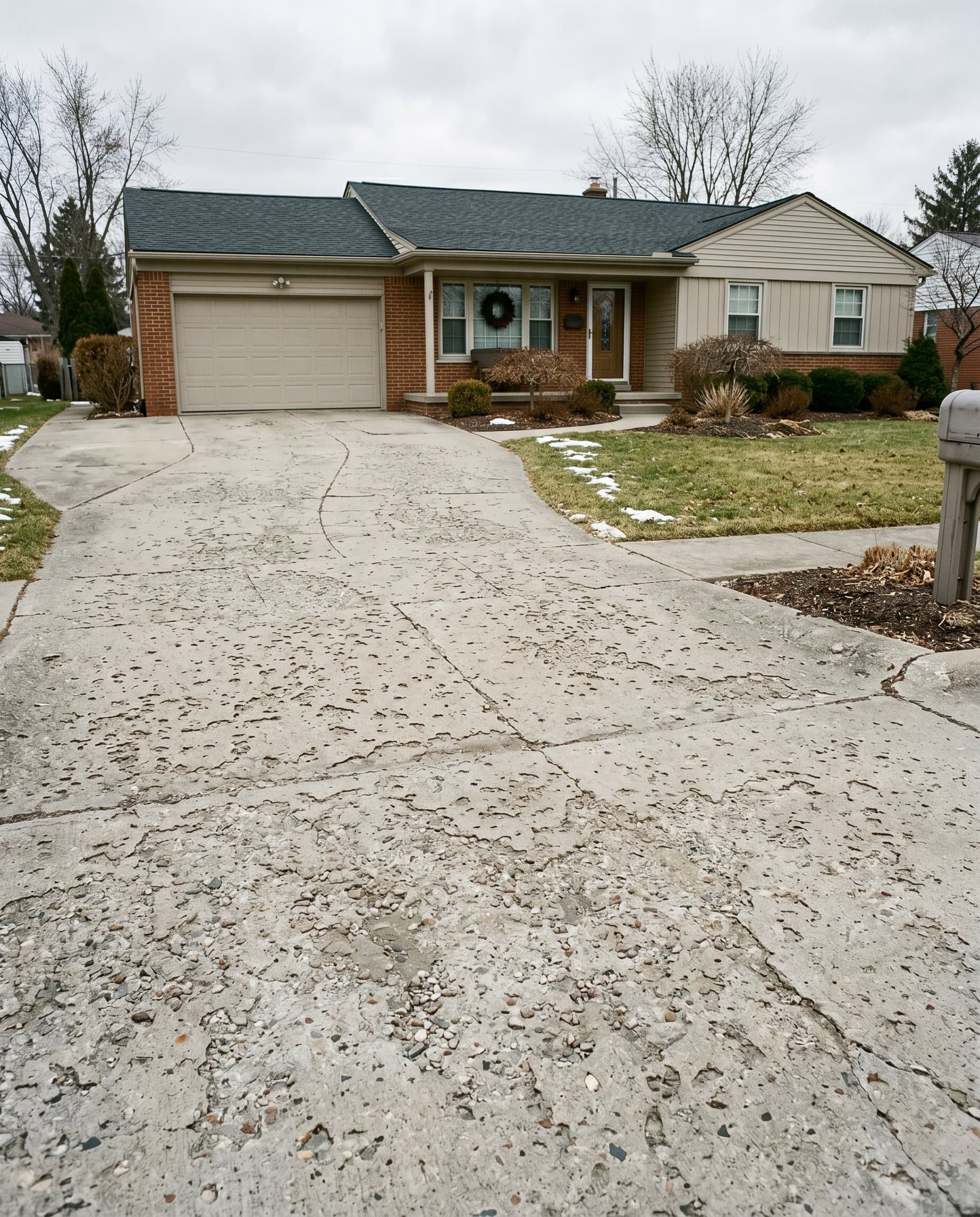 Spalled and pitted driveway slab before resurfacing overlay.