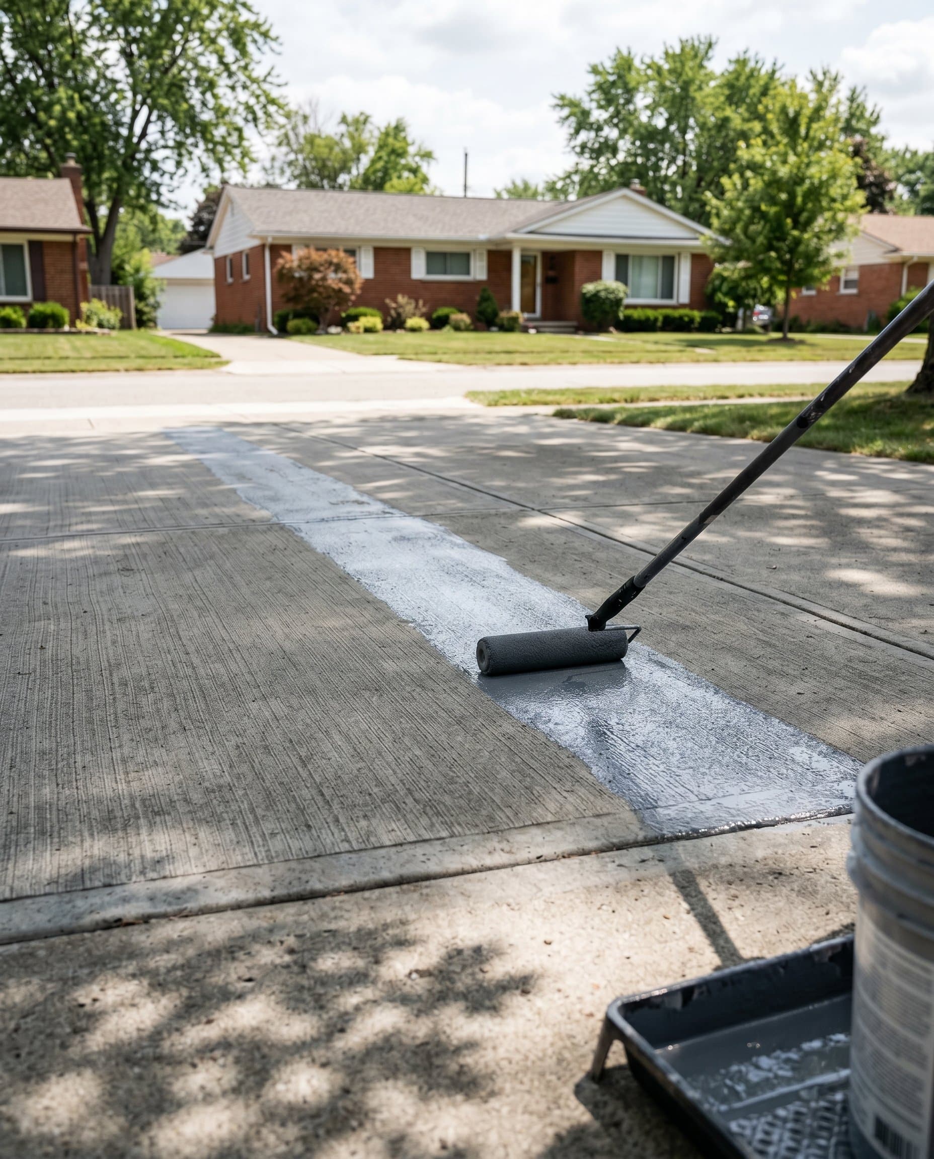 Bonding primer being rolled onto a prepared substrate slab.