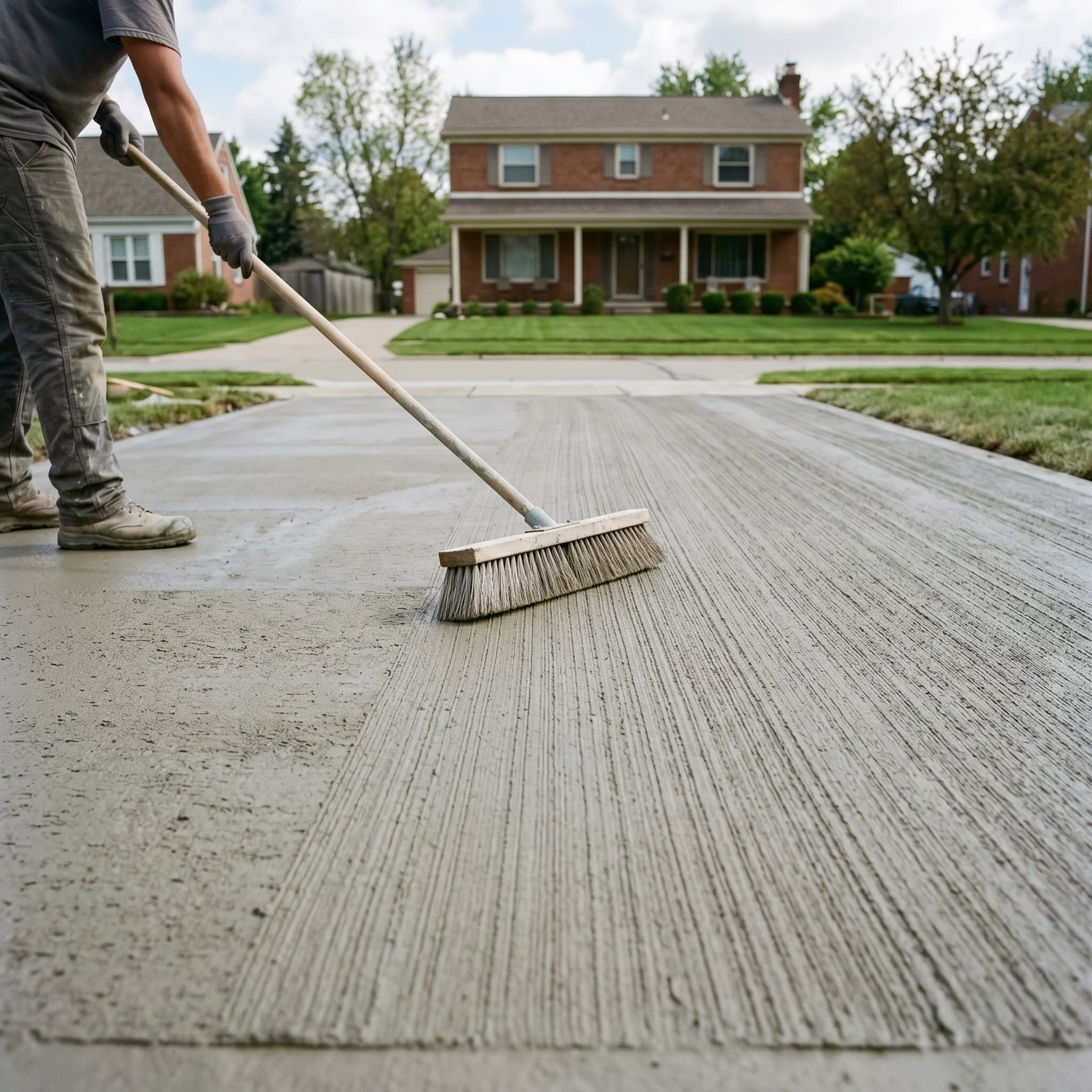 Broom finish drag applied across freshly resurfaced driveway.