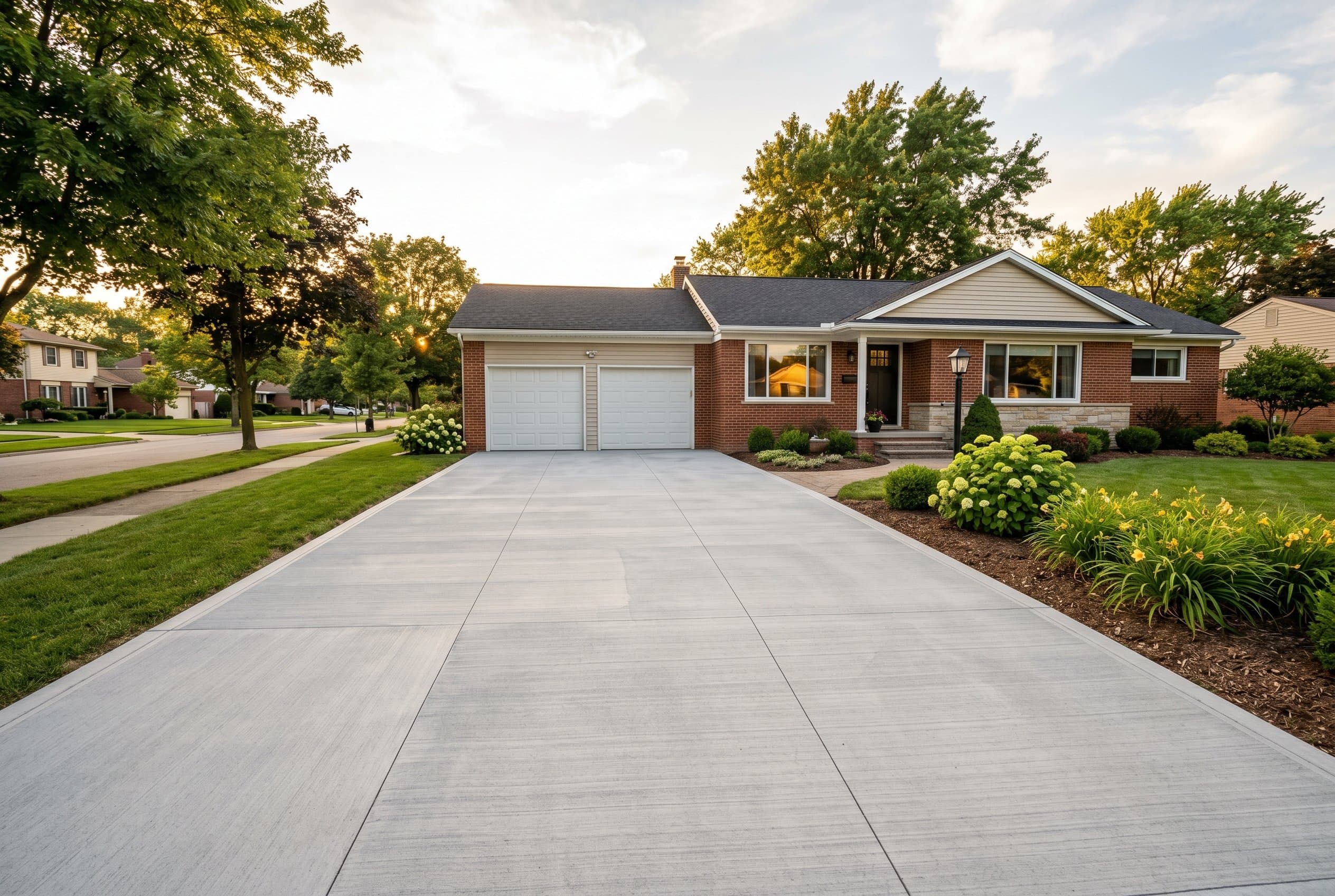 Wide finished resurfaced driveway with uniform fresh broom finish.