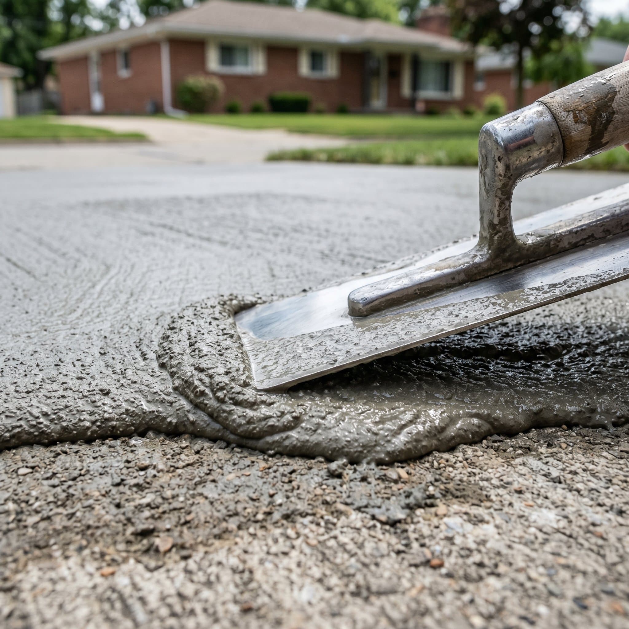 Trowel pass spreading cement overlay across substrate concrete.