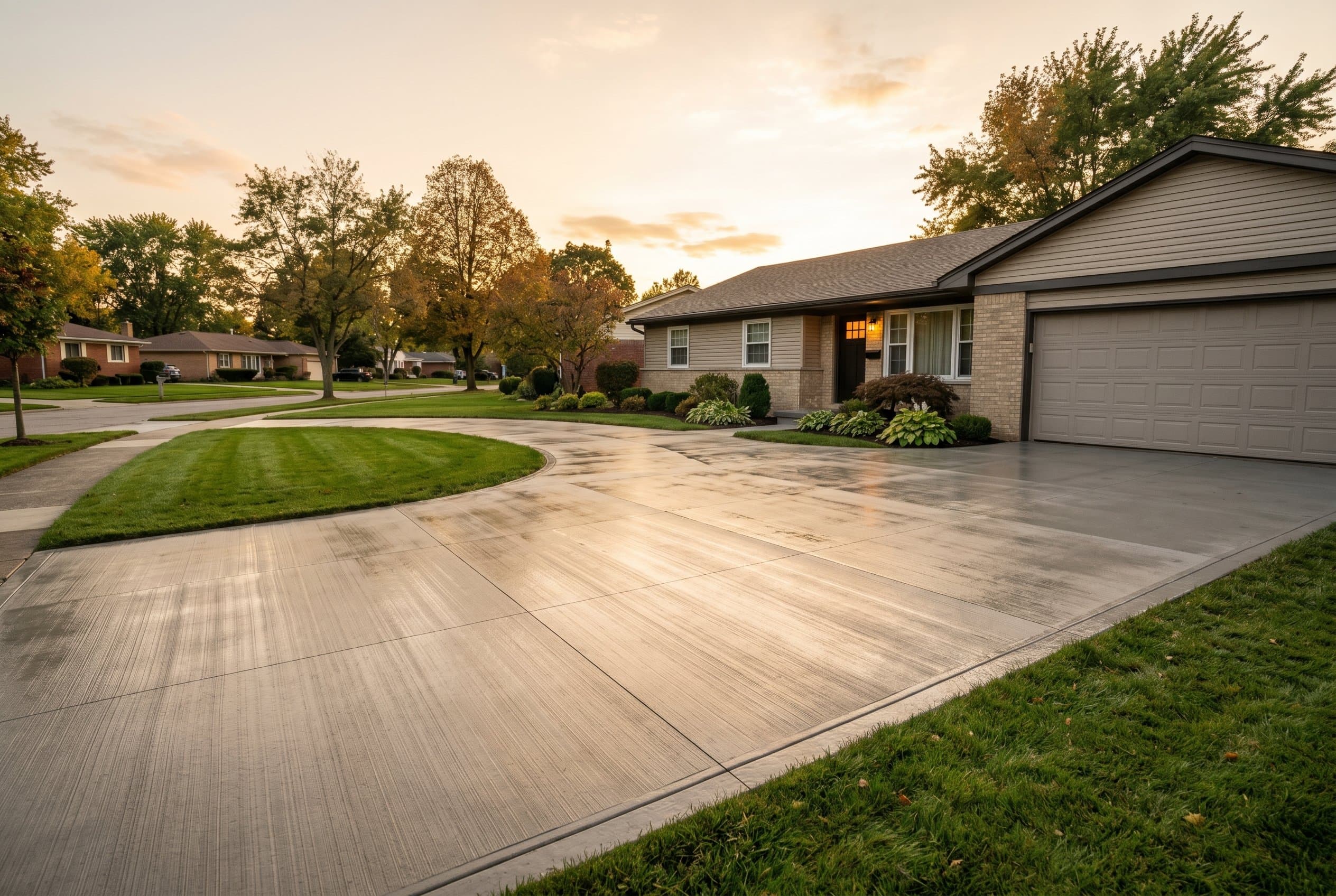 Wide finished sealed driveway reflecting late afternoon sun.