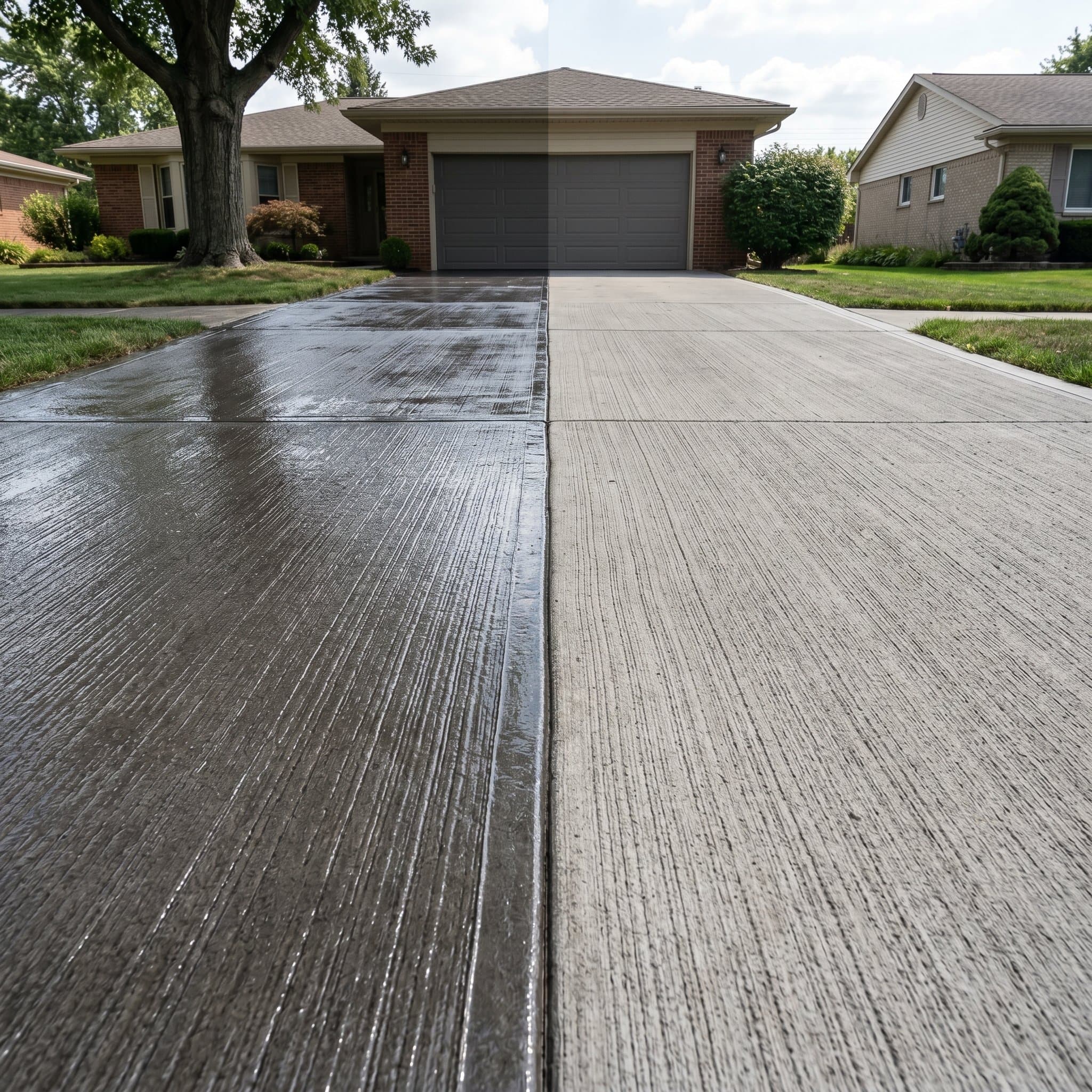 Half sealed driveway showing wet look against dry untreated side.