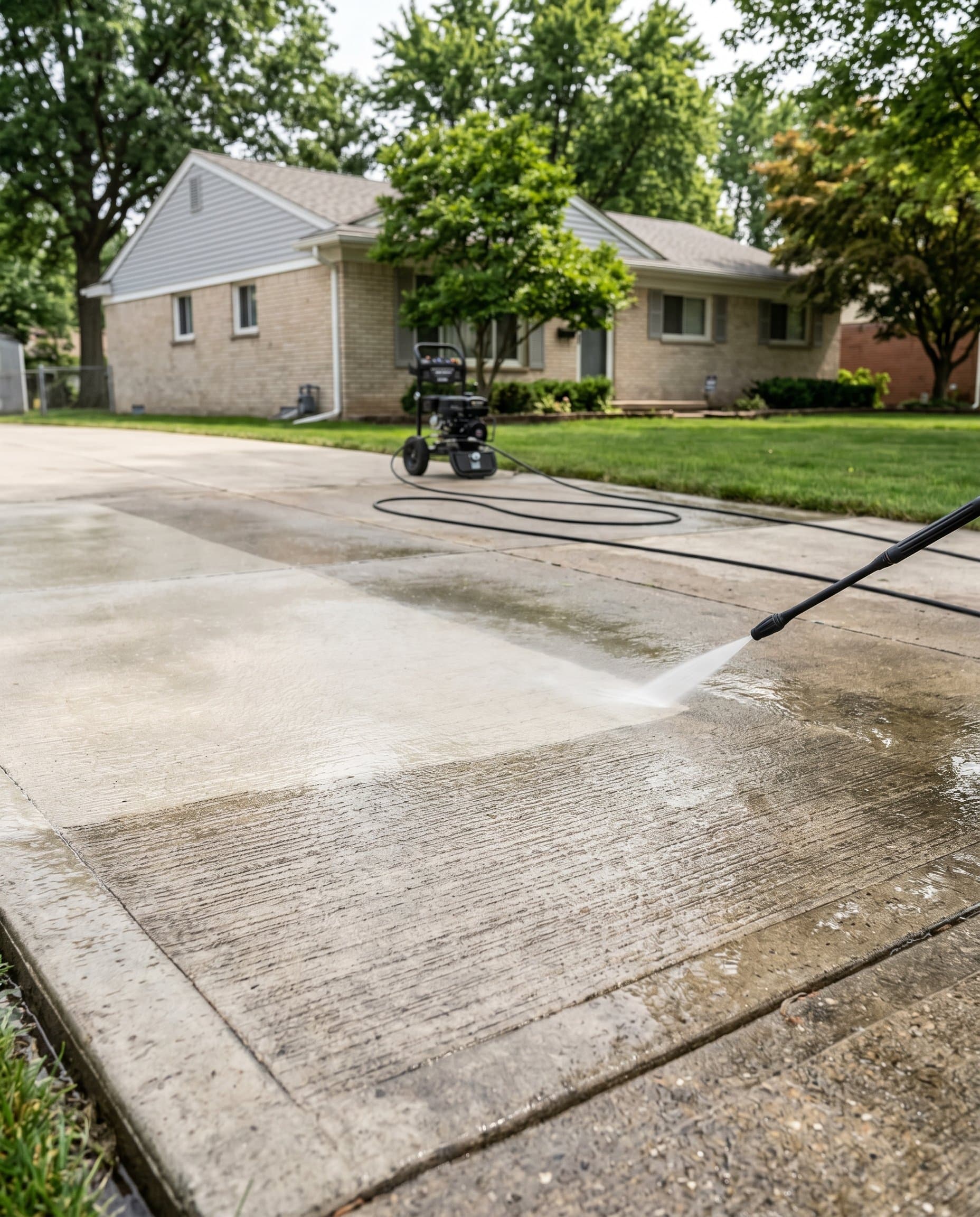 Pressure wash pass on a residential driveway before sealing.