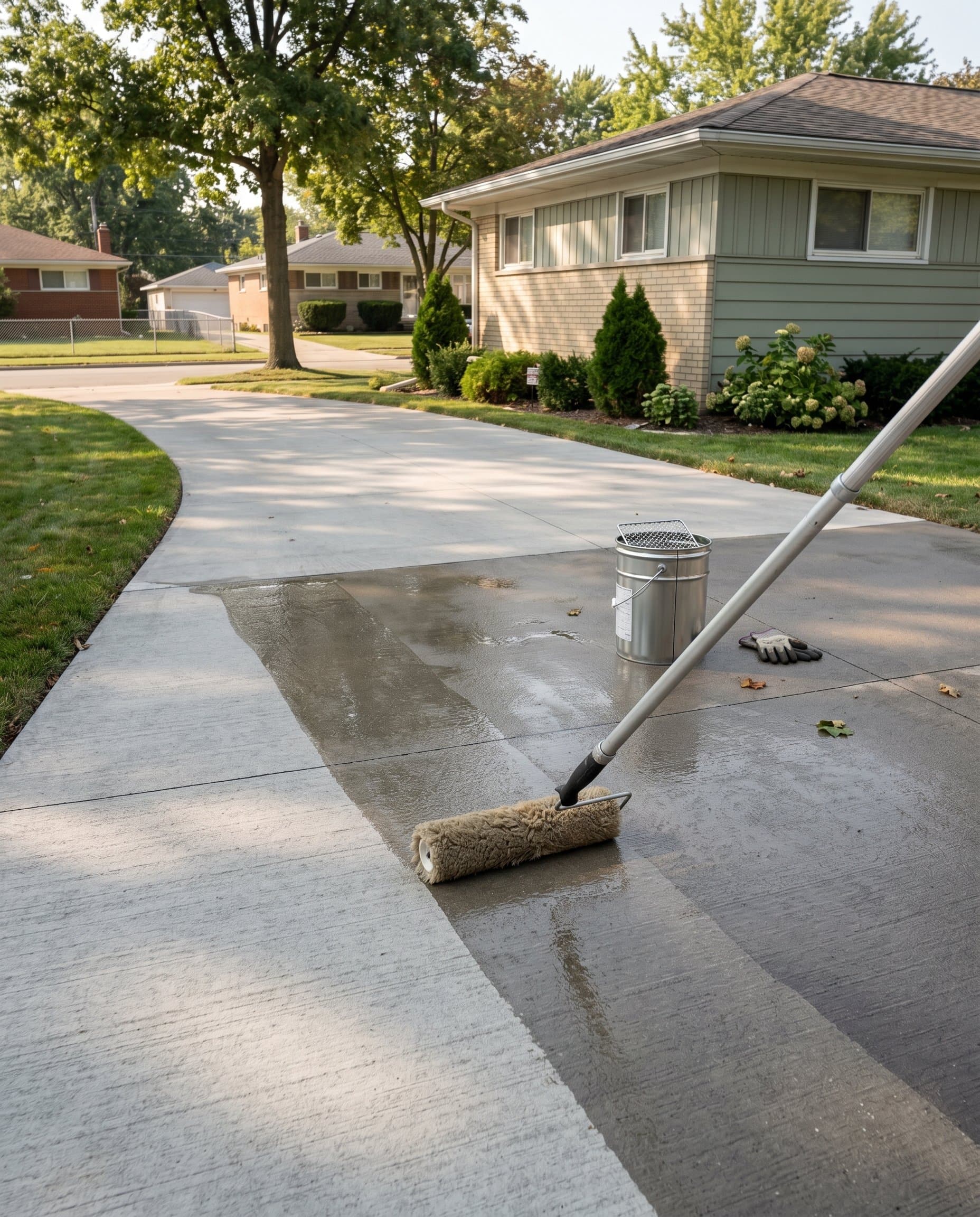 Roller applying penetrating sealer to a clean dry driveway slab.