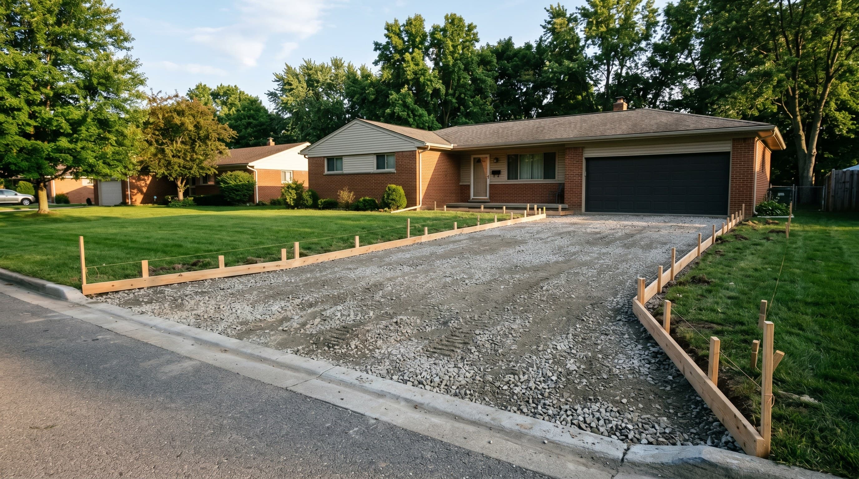 Compacted limestone base graded for a new driveway pour.