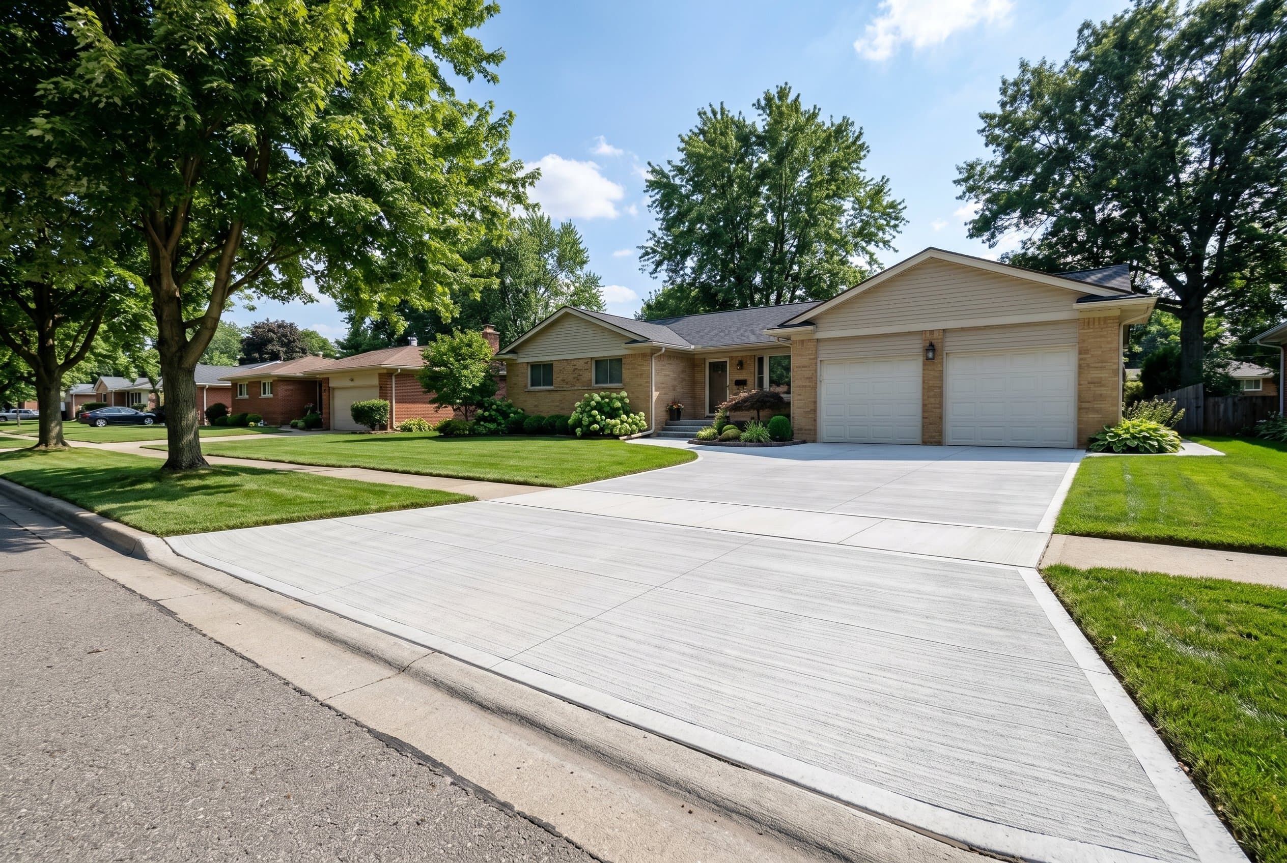 Wide finished driveway leading to a residential two car garage.
