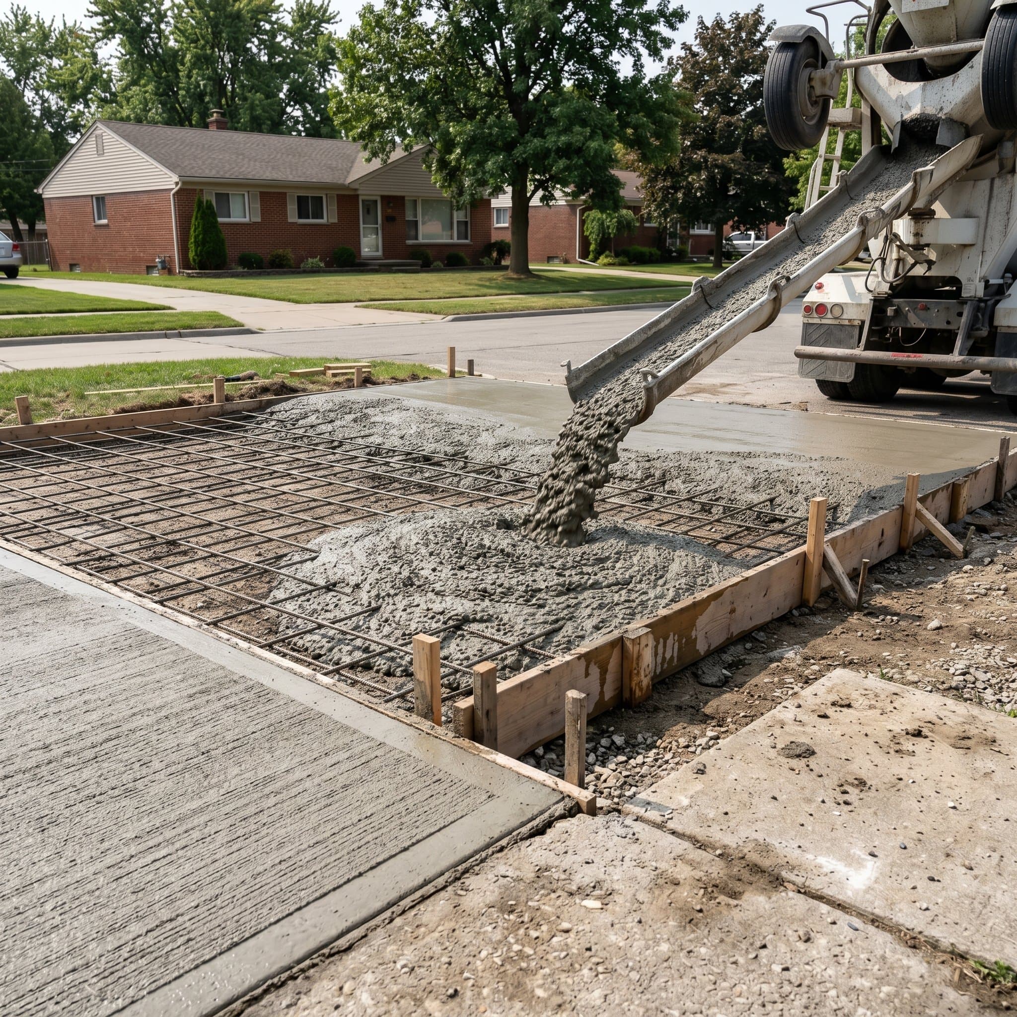 Concrete truck chute pouring fresh mix into wooden forms.