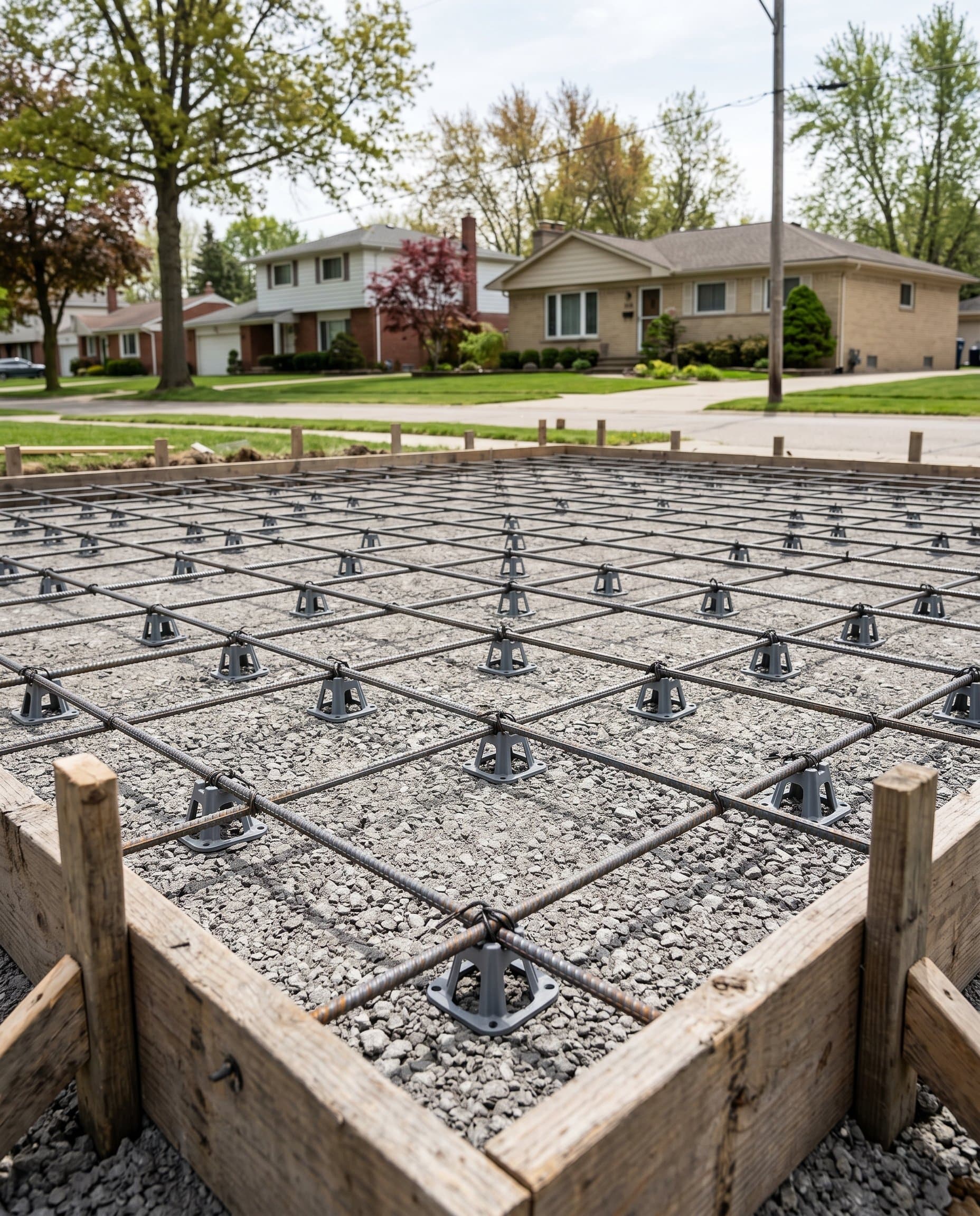 Continuous steel rebar grid tied off on chairs above base.