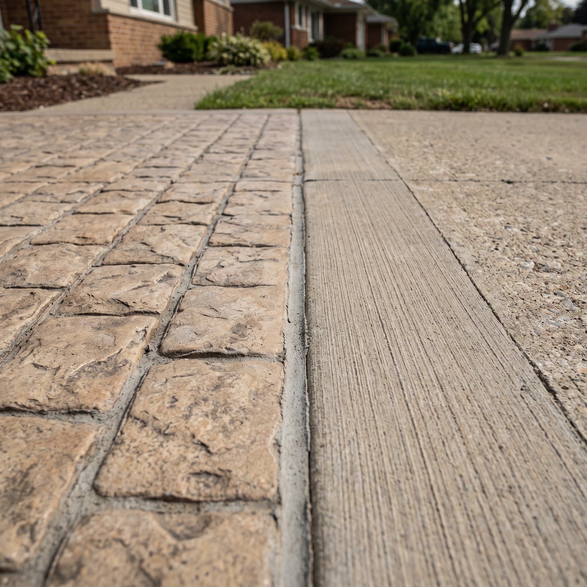 Smooth contrasting border banding around stamped concrete field.