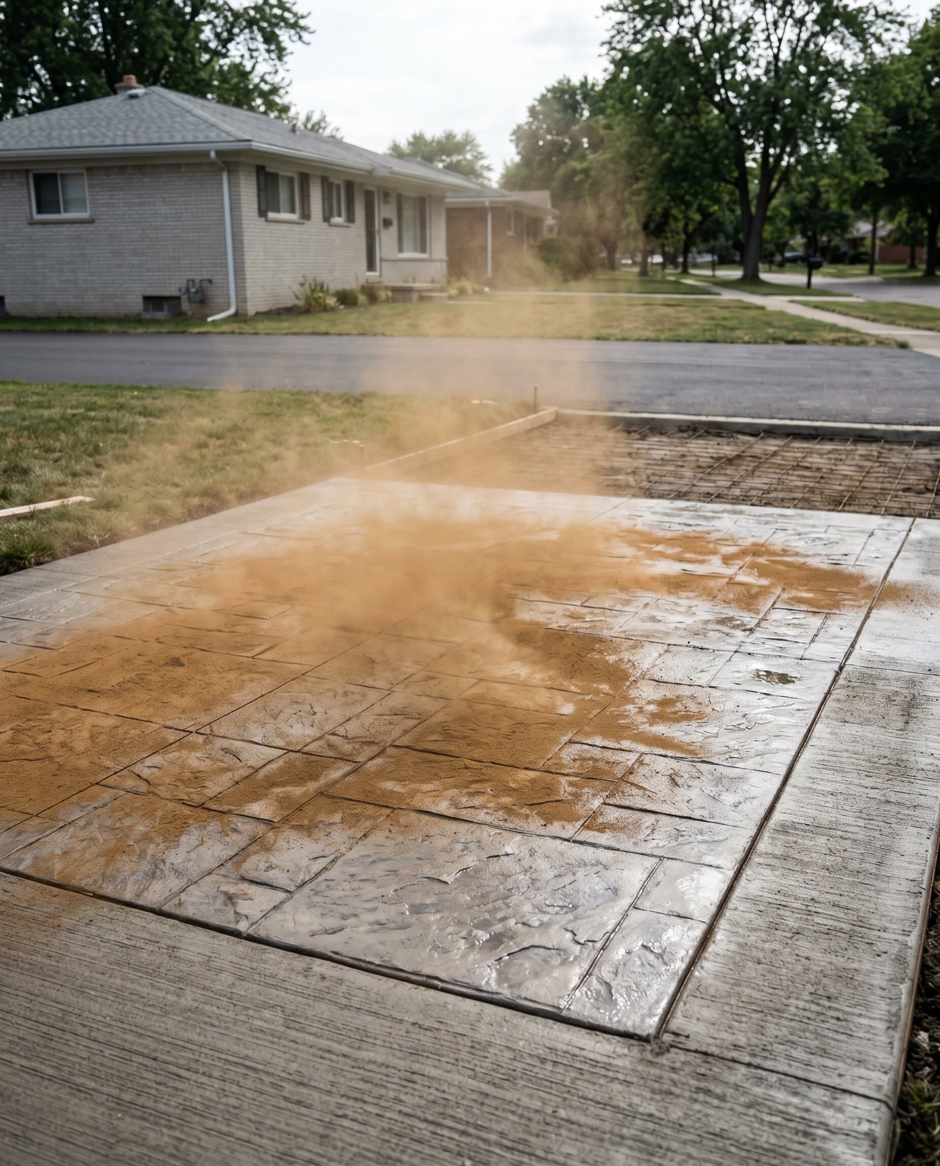 Color release powder broadcast over wet concrete before stamping.