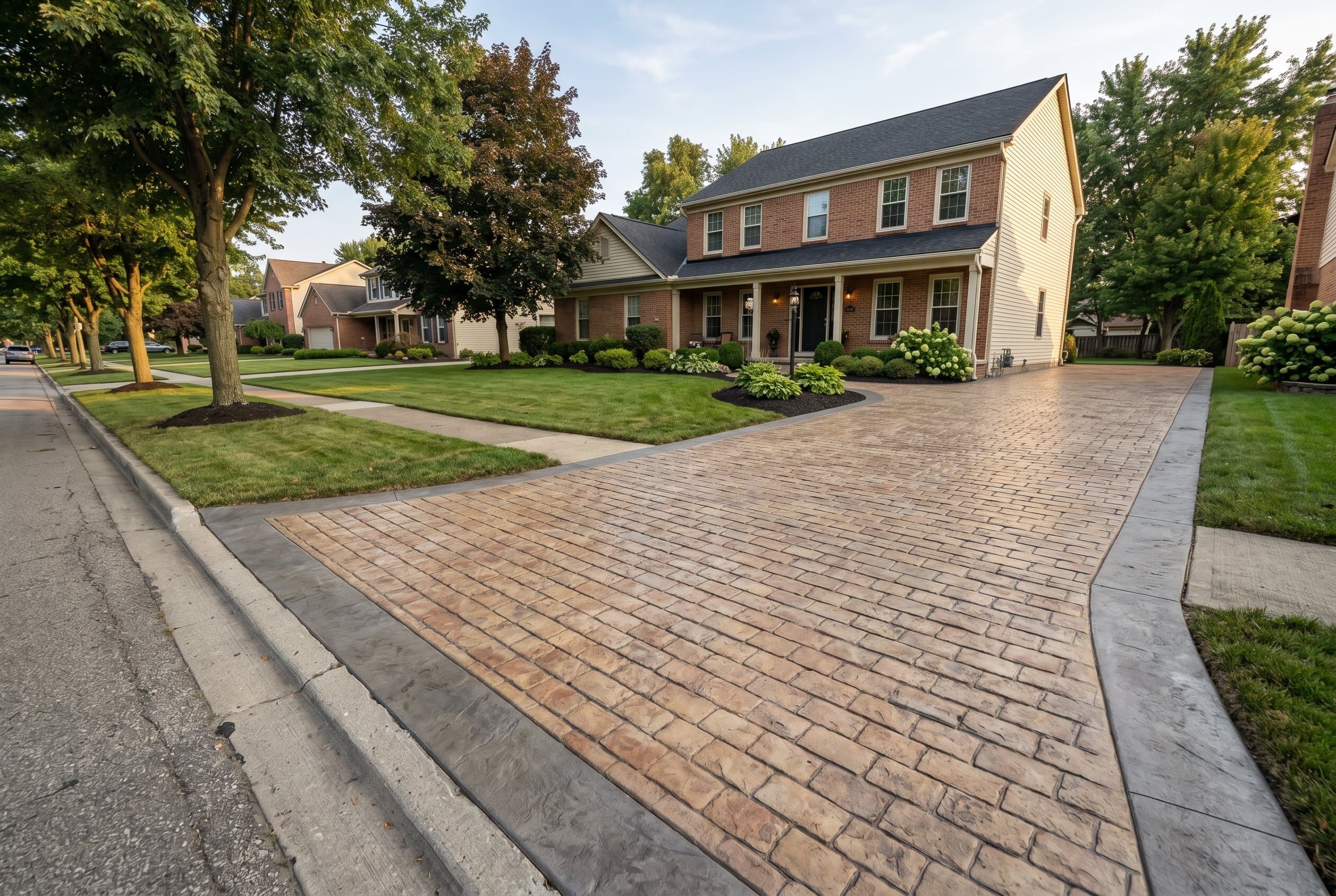 Finished stamped driveway leading to a colonial home.