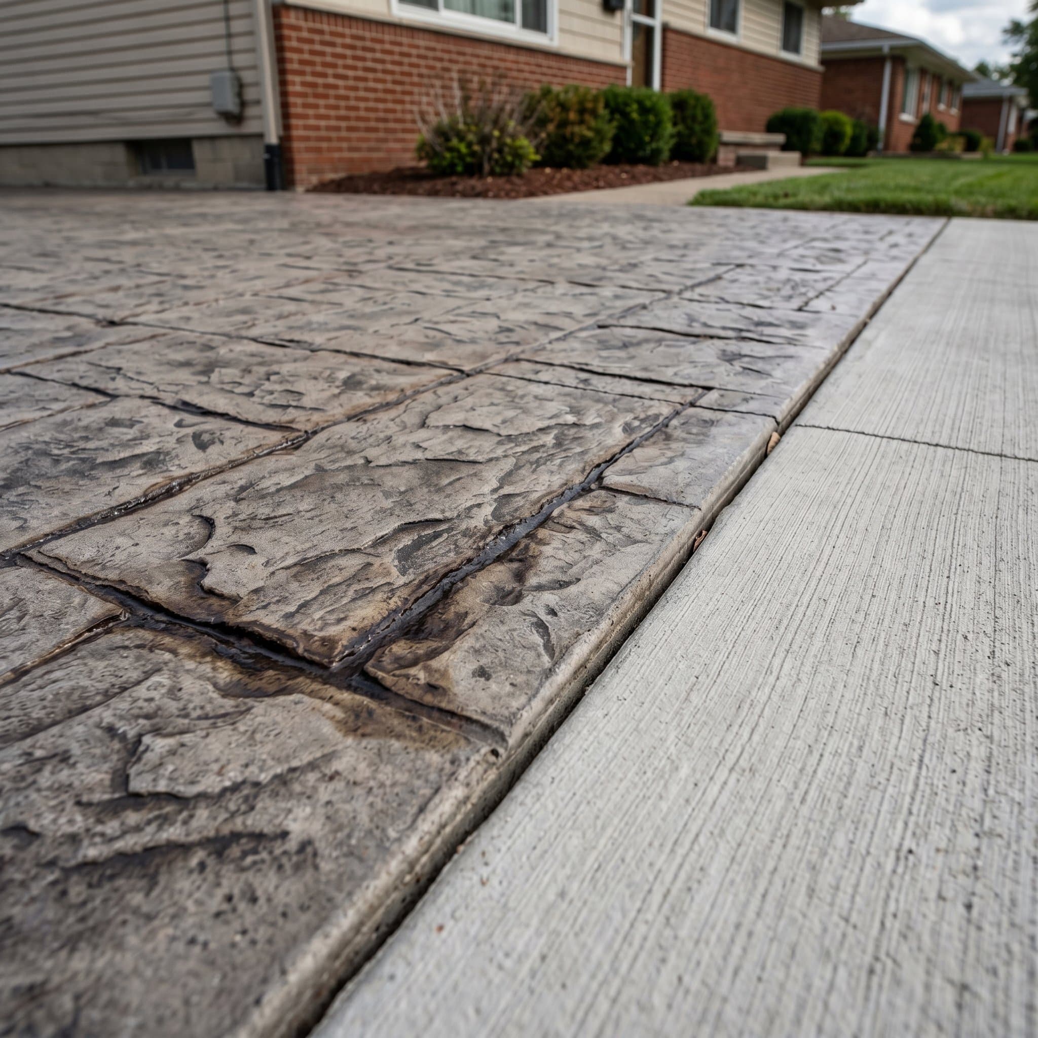Close detail of stamped pattern showing mortar joint depth.