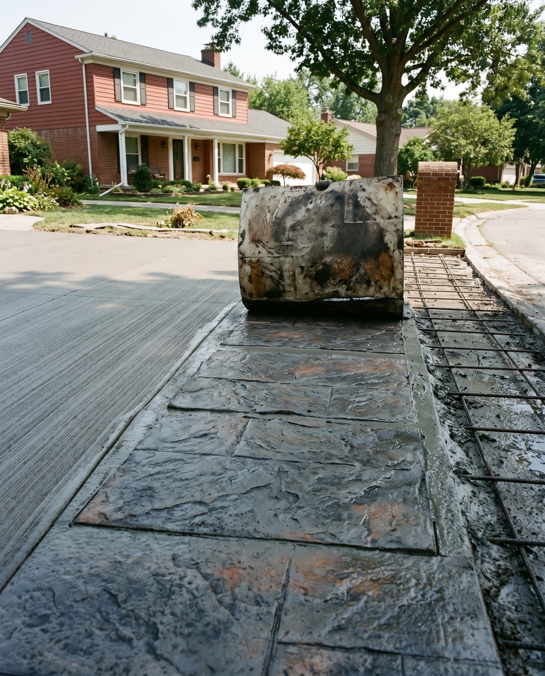 Stamping mat pressed into wet concrete with handle visible.
